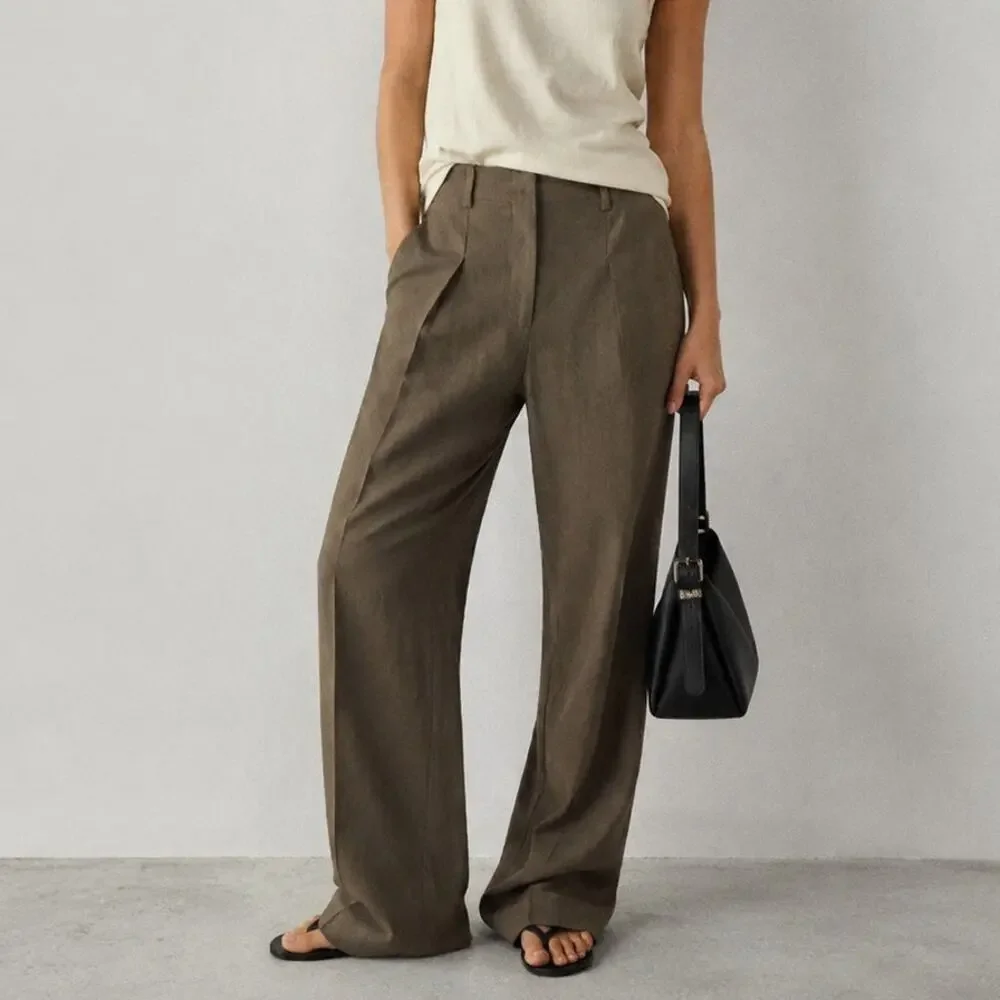 NWT Mango MNG Selection Orchid Linen Blend Straight Wide Leg Pants, size 4